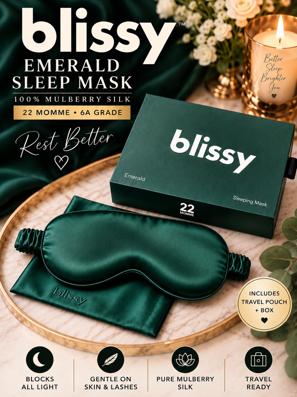 Blissy Emerald 100% Mulberry Silk Sleep Mask 22 Momme w/ Box & Pouch